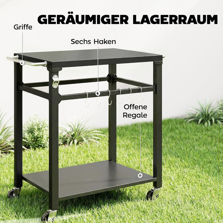 Outsunny Grillwagen 2-Etagen Grilltisch mit Metalloberfläche, Griff und Haken, mobiler Servierwagen