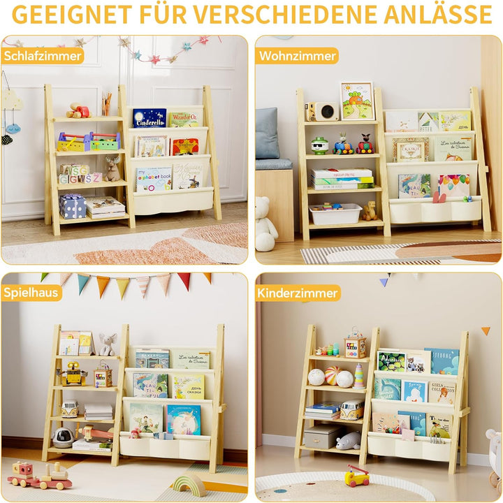 Bücherregal für Kinder, Holz, Vier Etagen Regal für Spielzeug Aufbewahrung, Montessori Bücherregal f