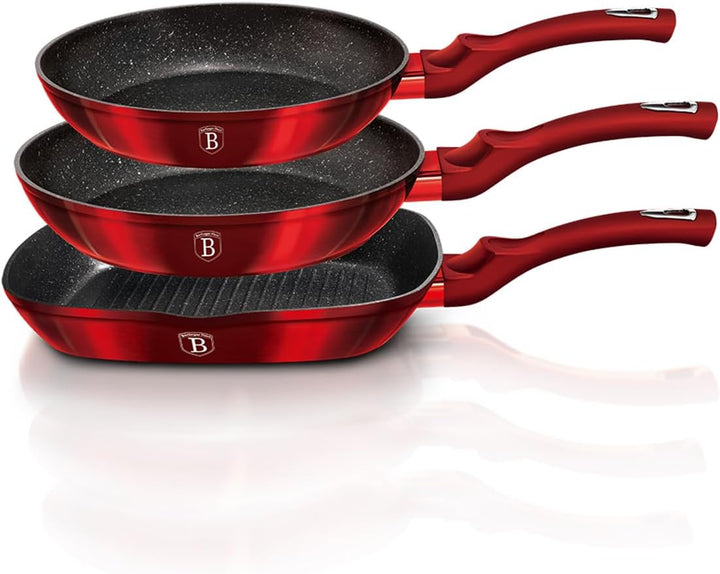 BerlingerHaus Haus Burgundy Set 2 Bratpfannen 1 Grillpfanne Induktion 20-24-28cm, Aluminium, Antihaf