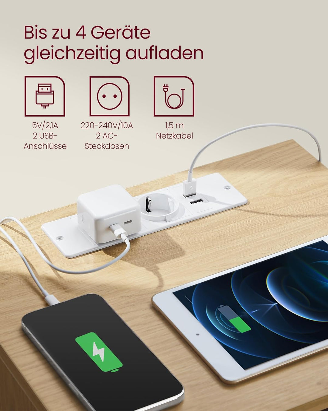 VASAGLE Kailyn Kollektion - Nachttisch mit Steckdosenleiste, 2er Set, Beistelltisch, 3 Schubladen, 2