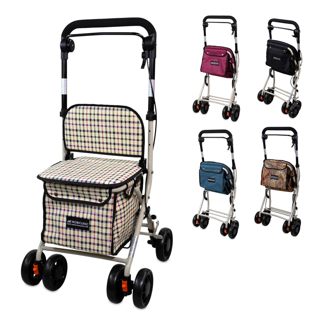 Mobiclinic®, Einkaufswagen mit Sitz, Faltbarer Rollator für Erwachsene, 21 L, Rückenlehne, 4 Räder,