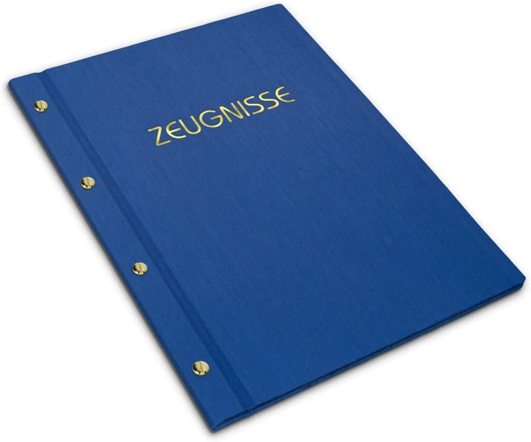 Zeugnismappe im blauen Einband in Leinenoptik mit hochwertigem Prägedruck in verschiedenen Farben –