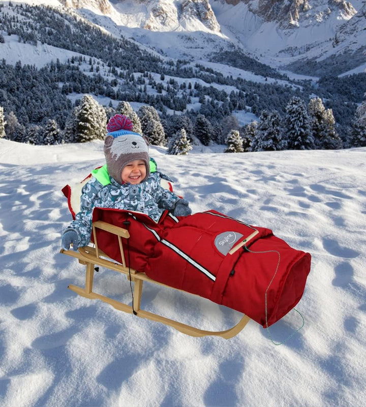 Holzschlitten für Kinder mit Rückenlehne Rodelschlitten Davoser Schlitten aus Holz mit einem Sicherh
