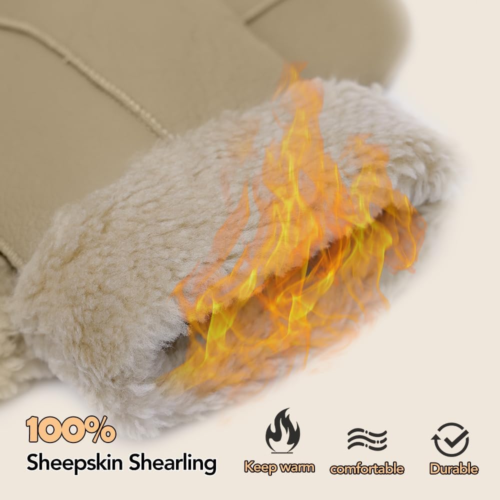 MGGMOKAY Damen Lammfell Shearling Fäustlinge Warme Winter Lederhandschuhe XL Beige, XL Beige