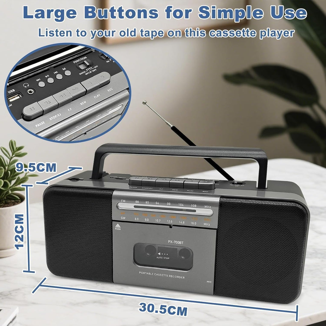 Tragbarer Bluetooth Kassettenspieler Boombox mit Kassettenrecorder, AM/FM/SW Radio, 10W Dual-Lautspr