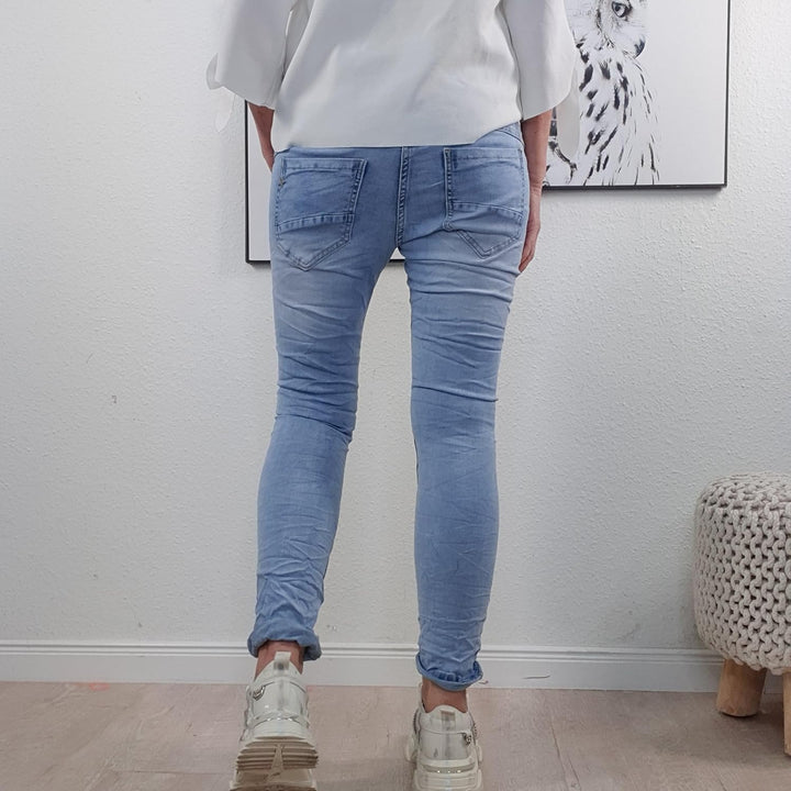 Jewelly Damen Boyfriend Stretch Jeans| Denim Hose für Frauen| 5-Pocket Bagggy Pants XS Light Wash, X