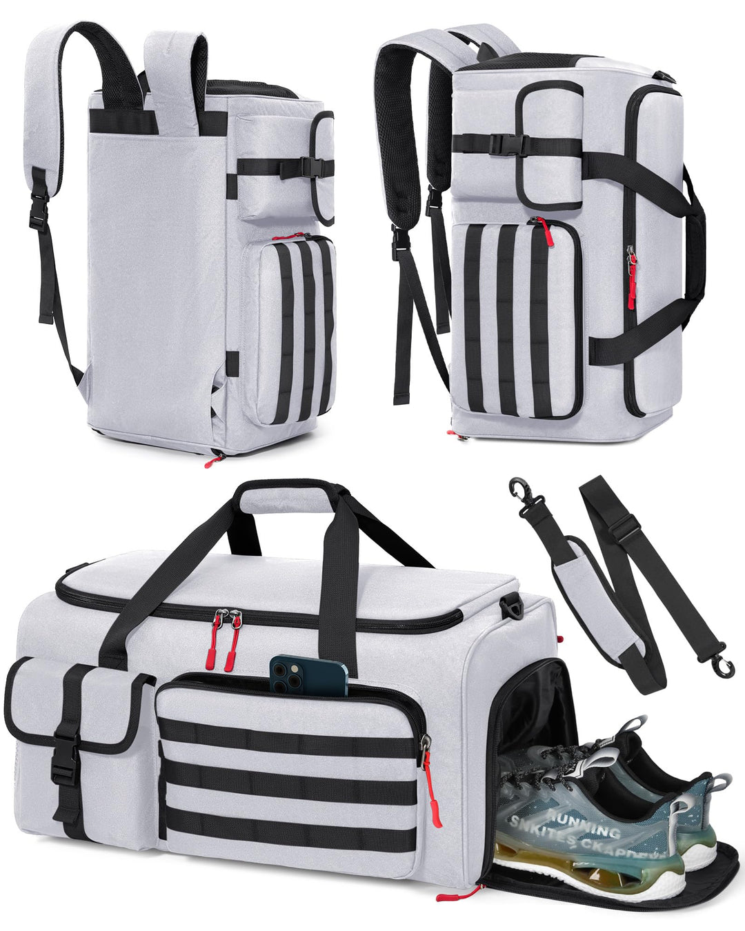 RAINSMORE 3 IN 1 Sporttasche Herren 45L Reisetasche Rucksackfunktion Handgepäck mit Schuhfach Latopf