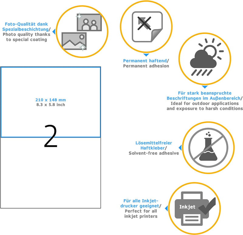 HERMA 4601 Wetterfeste Folienetiketten für Inkjet Drucker, 40 Blatt, 210 x 148 mm, 2 Stück pro A4 Bo