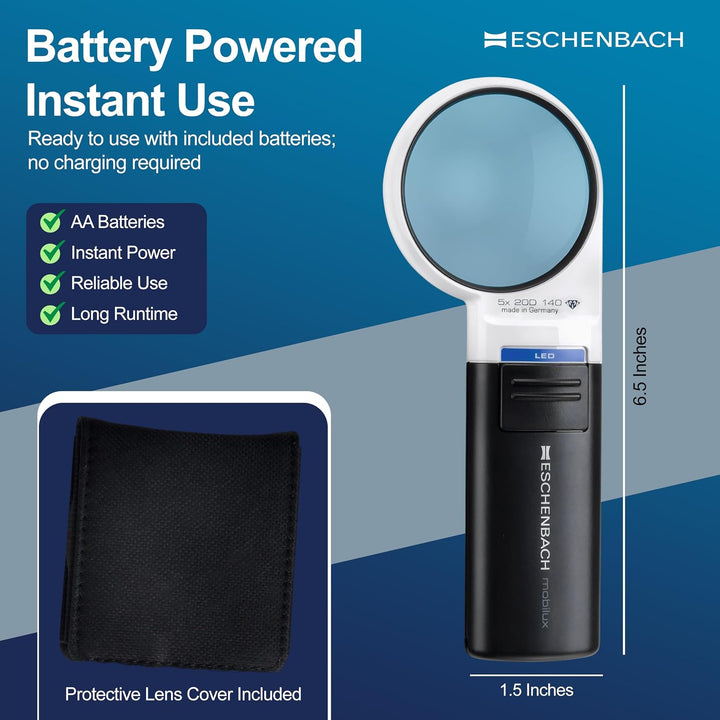 Eschenbach Optik Lupe Handlupe mit LED-Beleuchtung mobiluxLED Vergrösserung: 5X Linsengrösse: (Ø) 58