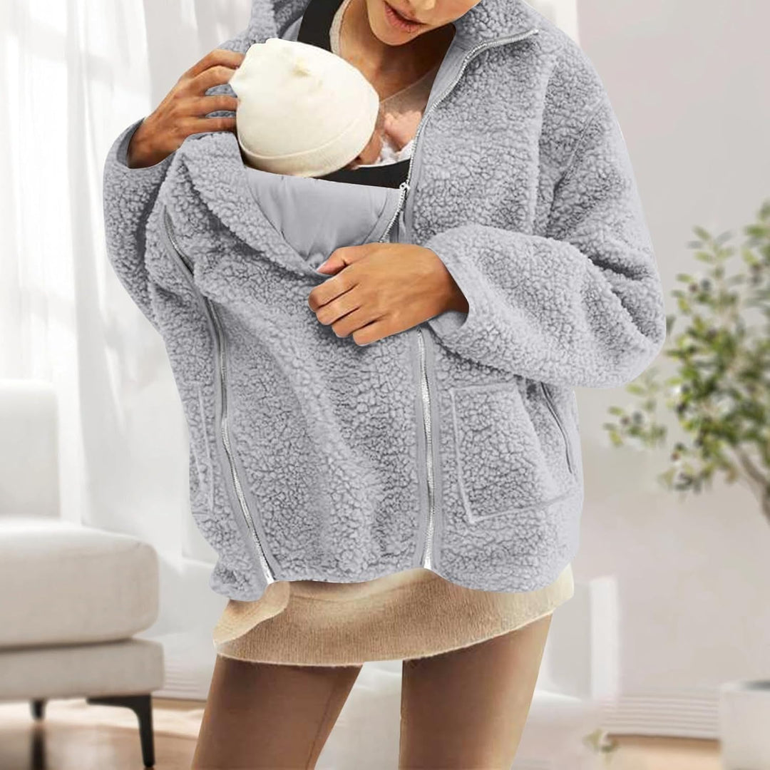 SYDUZAX Umstandsjacke mit Babyeinsatz Warm Teddy Fleecejacke Umstands Baumwolljacke Winter Umstandsm