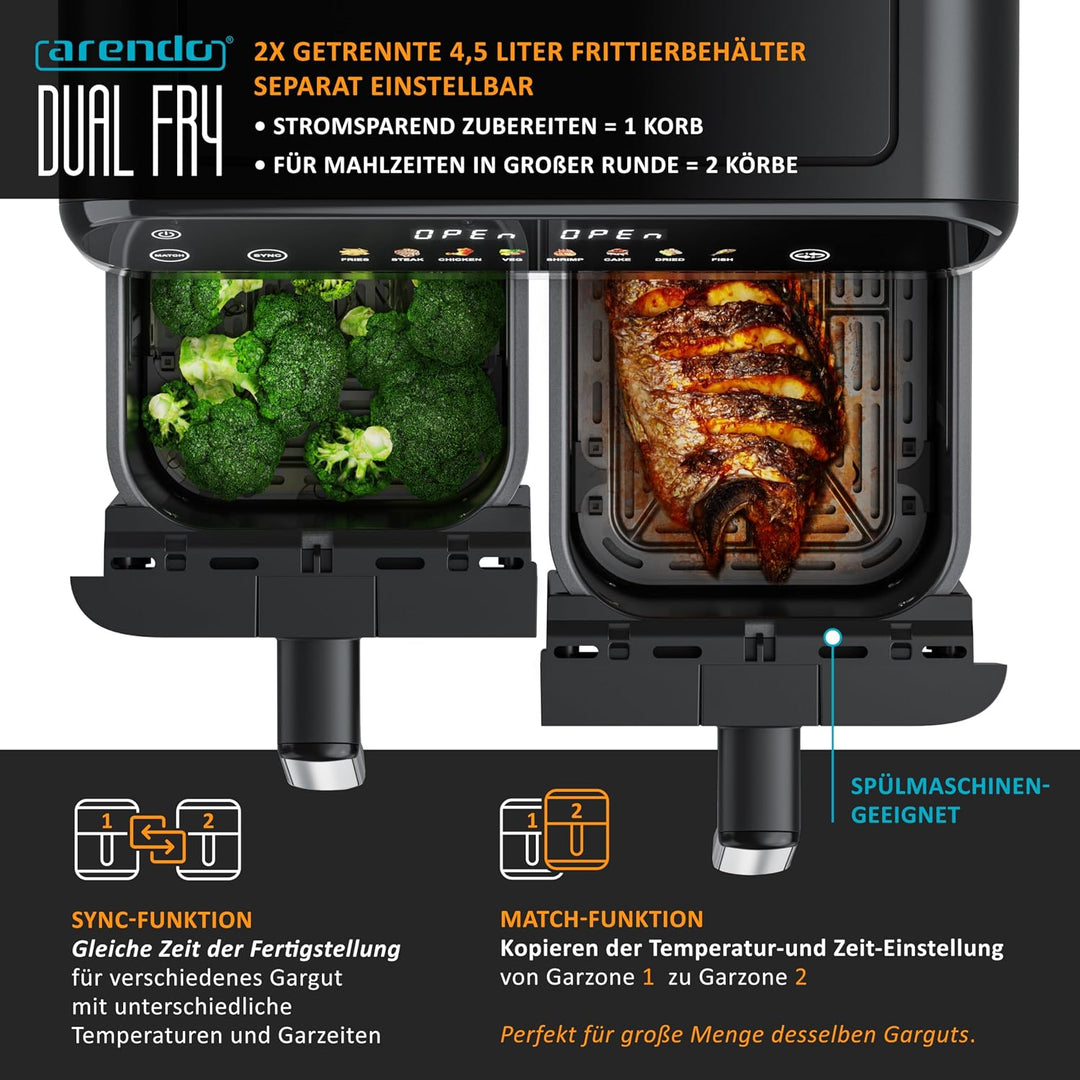 Arendo - Heissluftfritteuse 9L mit 2 Kammern - XXL Kapazität - 2 Fächer – Airfryer Backofen - 8 Prog