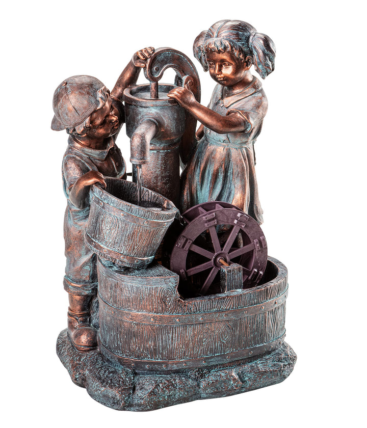 Dehner Gartenbrunnen Lea und Leon mit LED Beleuchtung, ca. 68.5 x 45 x 35 cm, Polyresin, grün/blau/b