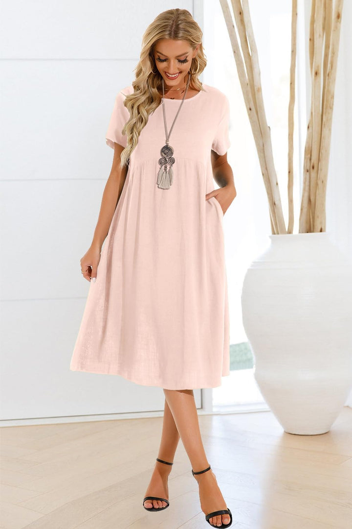 Tincini Sommerkleid Damen Leinen Kleider Casual V-Ausschnitt Midikleid Kurzarm A-Linie Kleid Strandk