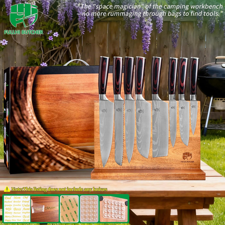 FULLHI Doppelseitige grosse magnetische Messerblock Akazienholz Messer Set Halter Stand mit Stronge