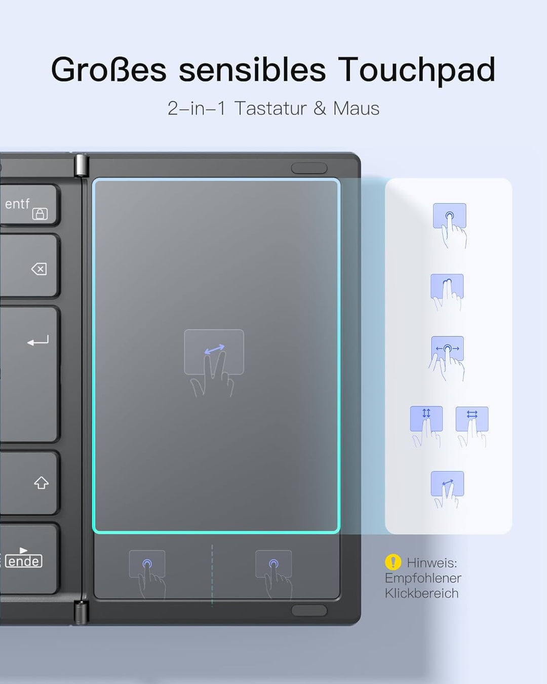 Inateck Faltbare Mini Tastatur, KI-Funktion mit Touchpad,3 Bluetooth-Kanälen, kompatibel mit iPadOS