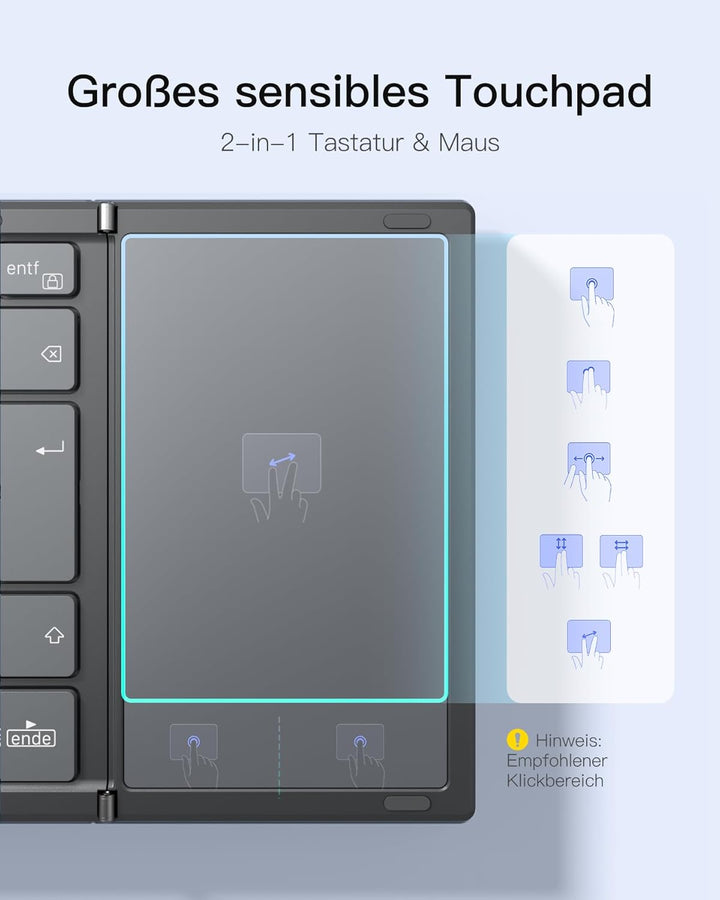 Inateck Faltbare Mini Tastatur, KI-Funktion mit Touchpad,3 Bluetooth-Kanälen, kompatibel mit iPadOS