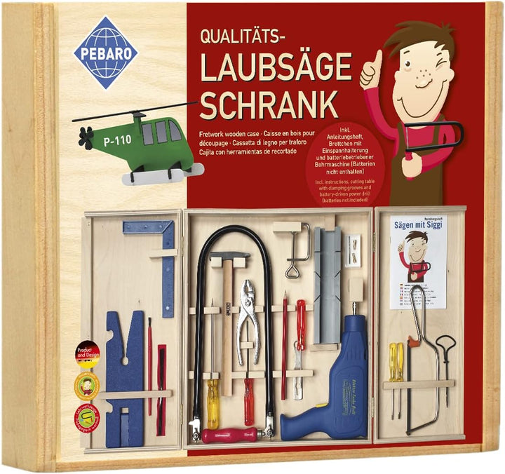 Pebaro 408PL Qualitäts-Laubsägeschrank, 28 Teile, komplettes Set im Holzschrank, Stahlwerkzeuge, Lau