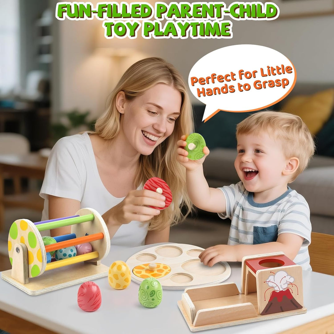 Montessori Holzspielzeug Baby Dinosaurier Ei Spielset ab 6 Monaten, Stapelt und Greifpuzzle, Spinnin