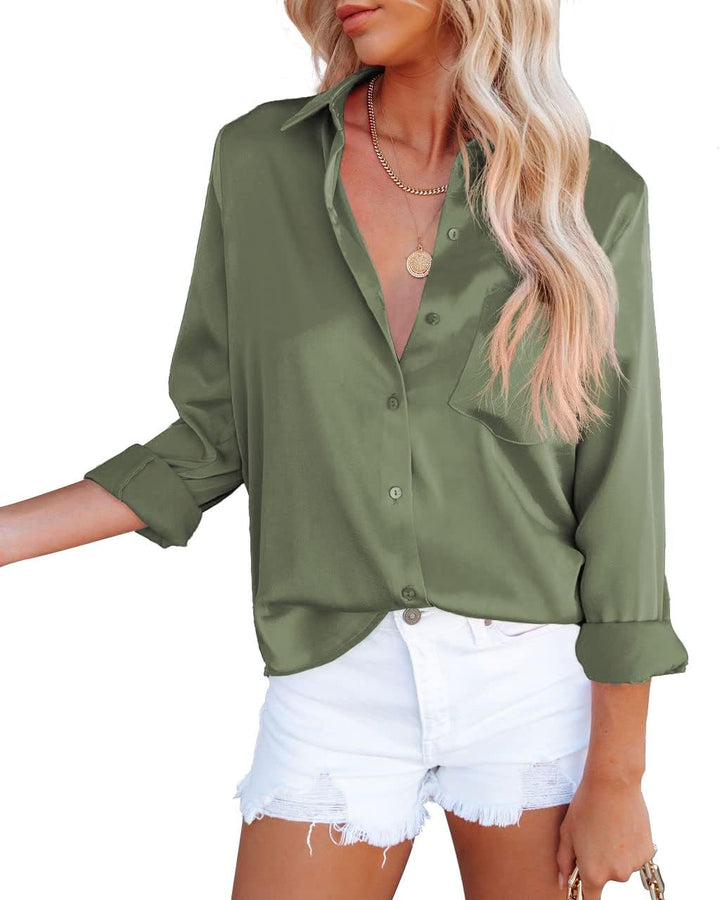 Damen Bluse Elegant V-Ausschnitt Satin Langarm Casual Oberteile Locker Hemd Einfarbig Lose Langarmsh