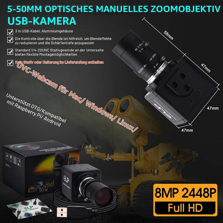 ELP 8 Megapixel Webcam mit HD 5-50mm Variofokus Objektiv,HD Streaming Kamera USB kompatibel mit Wind
