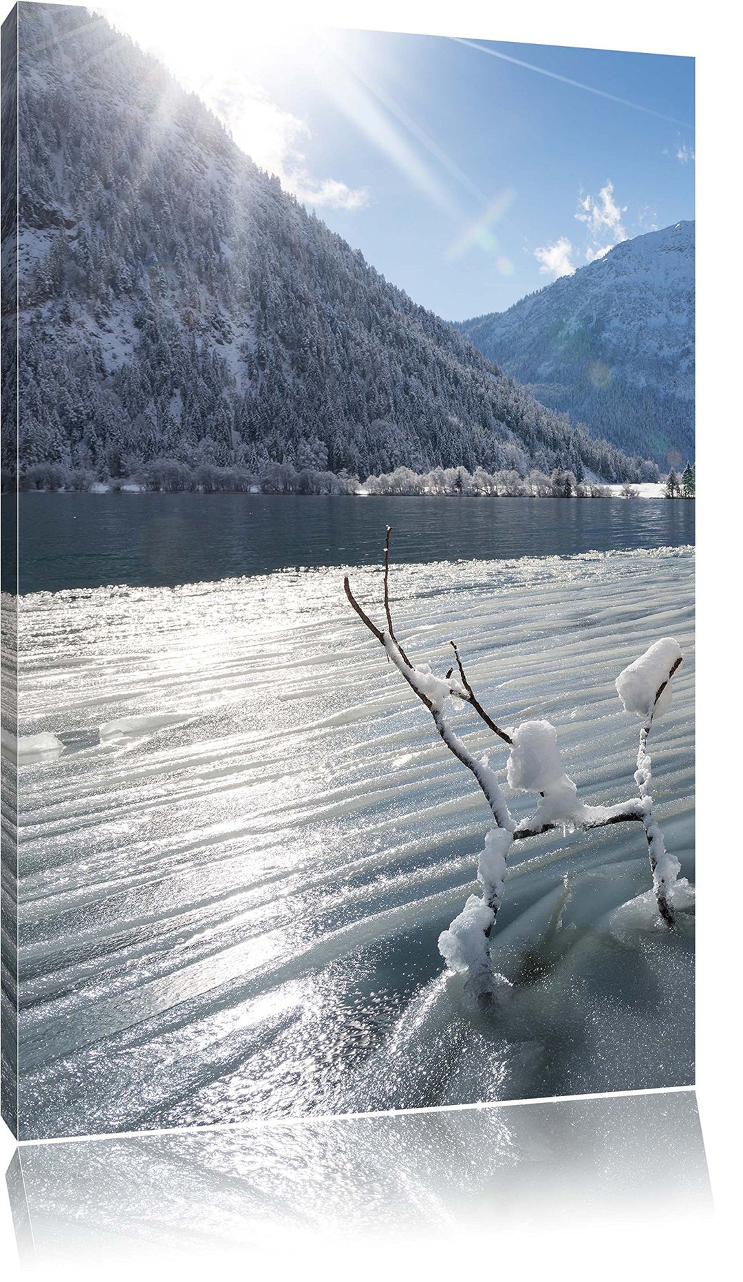 Winterlandschaft See, Format: 100x70 auf Leinwand, XXL riesige Bilder fertig gerahmt mit Keilrahmen,