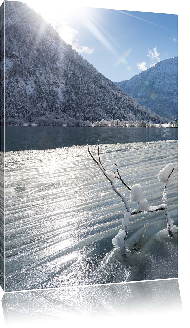 Winterlandschaft See, Format: 100x70 auf Leinwand, XXL riesige Bilder fertig gerahmt mit Keilrahmen,