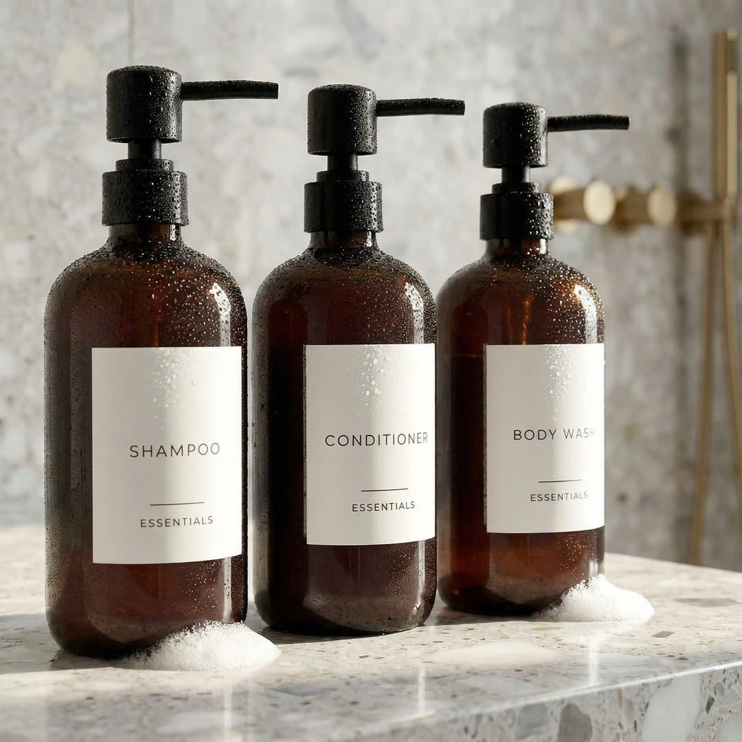 Stylischer Shampoo- und Spülungsspender, Set mit 3 Stück, Moderne 600 ml Duschseife, PET-Flaschen mi