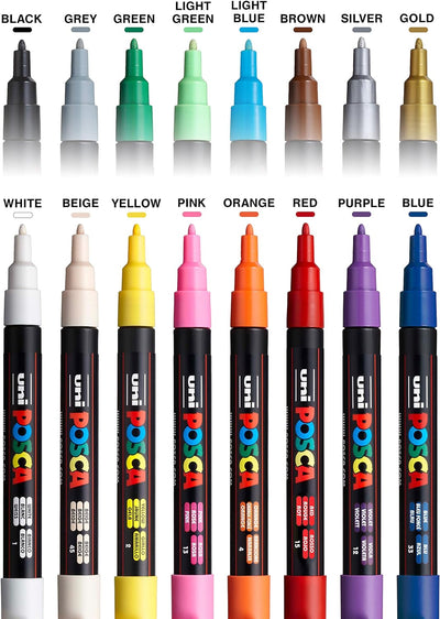 uni-ball 186516 - POSCA Marker mit feiner Rundspitze, 16er Set, Grundfarben