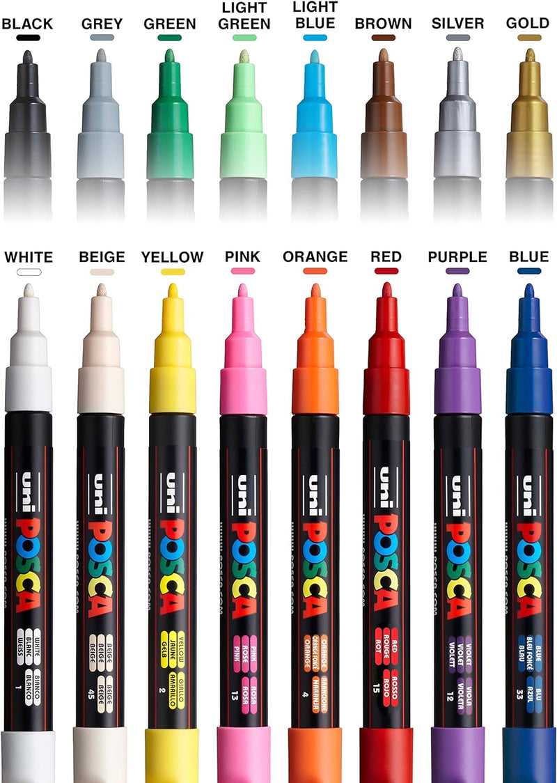 uni-ball 186516 - POSCA Marker mit feiner Rundspitze, 16er Set, Grundfarben