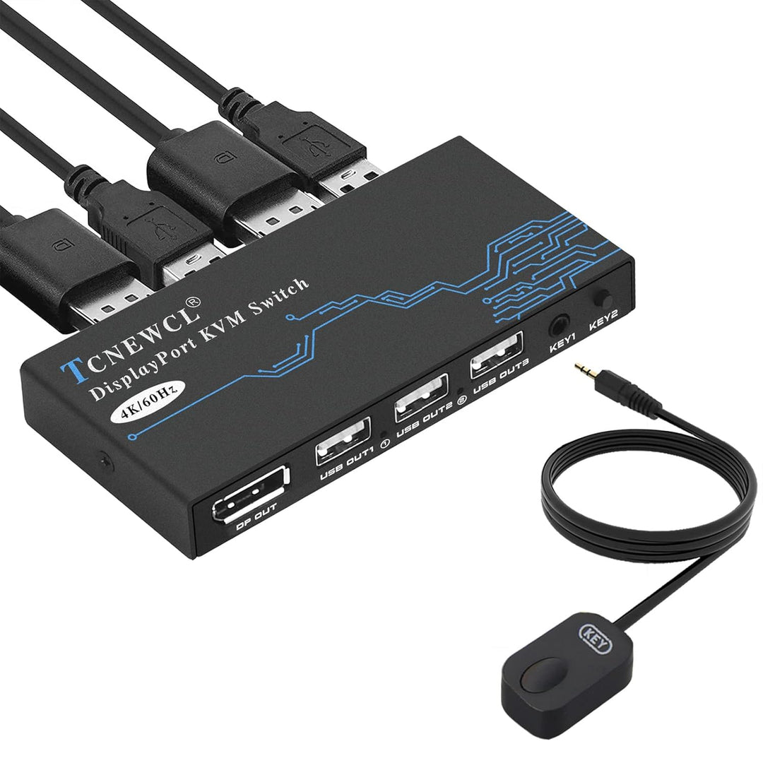 DP KVM Switch 2 Port, 4K @ 60Hz DisplayPort KVM Umschalter für 2 PCs 1 Monitor + 3 USB2.0-Geräte, DP