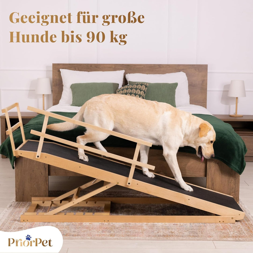 Hunderampe Bett mit Sicherheitsgeländer - Für Grosse Hunde bis zu 90 kg - Höhenverstellbare hundetre