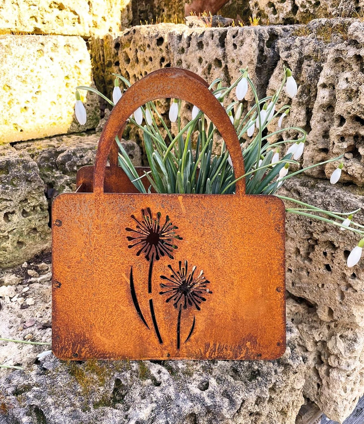 STEINFIGURENWELT GIEBEN Edelrost Handtasche mit 2 Blumen 27x32cm Tasche zum Bepflanzen Rost Pflanzta
