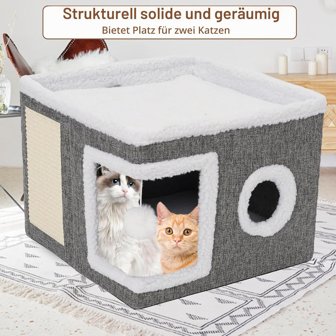 Katzenhaus Indoor Faltbare,40 x 40 x 31 cm mit Hängendem Spielzeug Katzenkratzbrett, Katzenloch, Was
