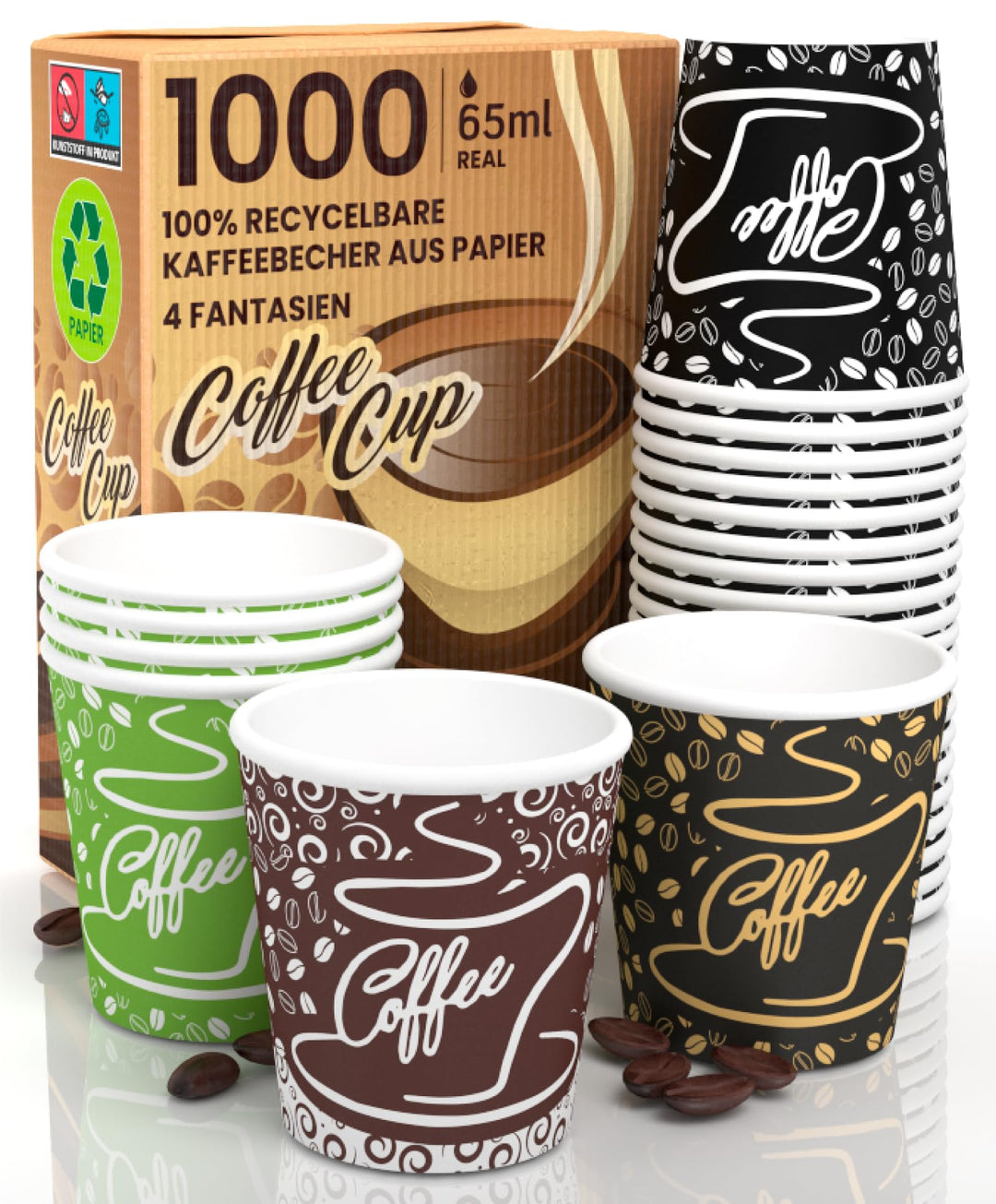 1000 Kaffeebecher aus Papier, 65 ml, CoffeeCUP Mix Umweltfreundliche Biologisch Abbaubare Einwegbech