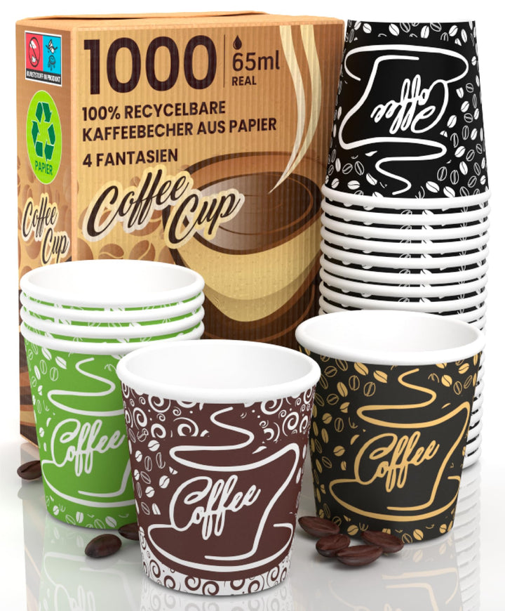 1000 Kaffeebecher aus Papier, 65 ml, CoffeeCUP Mix Umweltfreundliche Biologisch Abbaubare Einwegbech