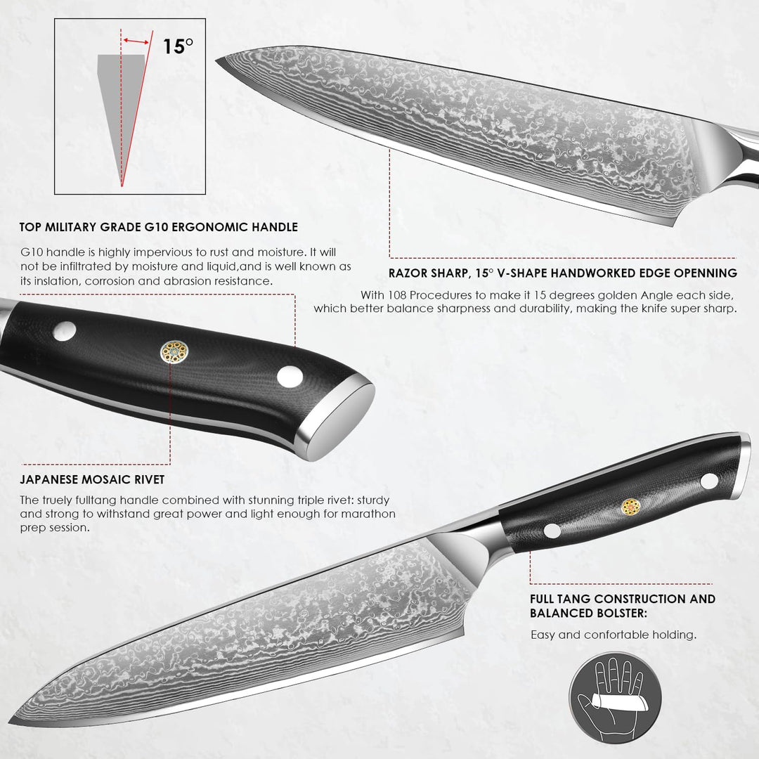 Home Safety Damastmesser Küchenmesser - Damast Kochmesser 20.4 cm Klinge aus 67 Schichten Damaszener