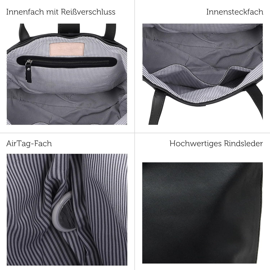 Gusti Shopper Leder - Alexandra Handtasche Damen Arbeitstasche Leder Schwarz, Schwarz