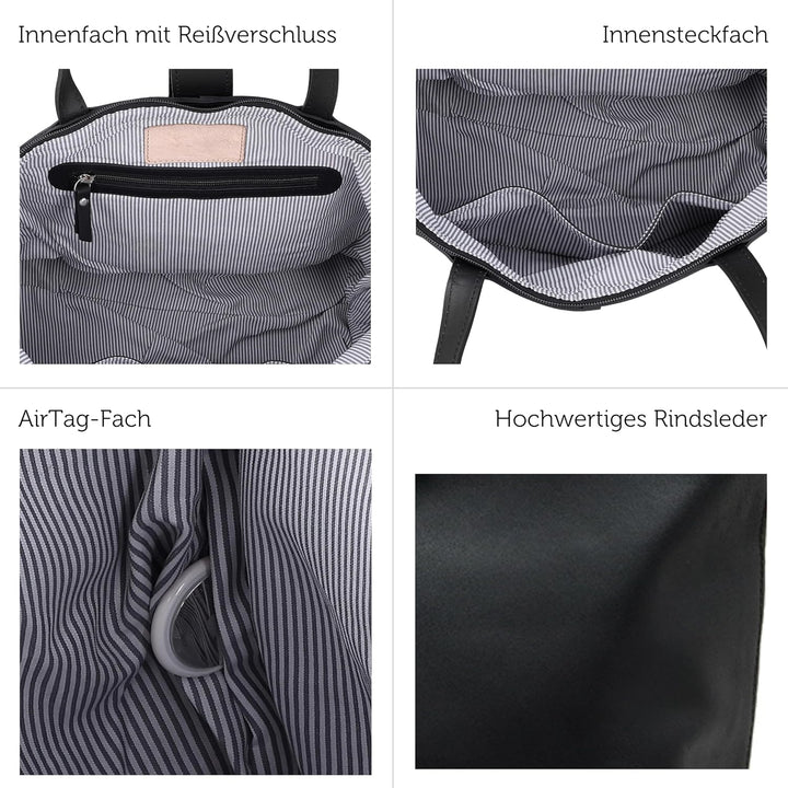 Gusti Shopper Leder - Alexandra Handtasche Damen Arbeitstasche Leder Schwarz, Schwarz