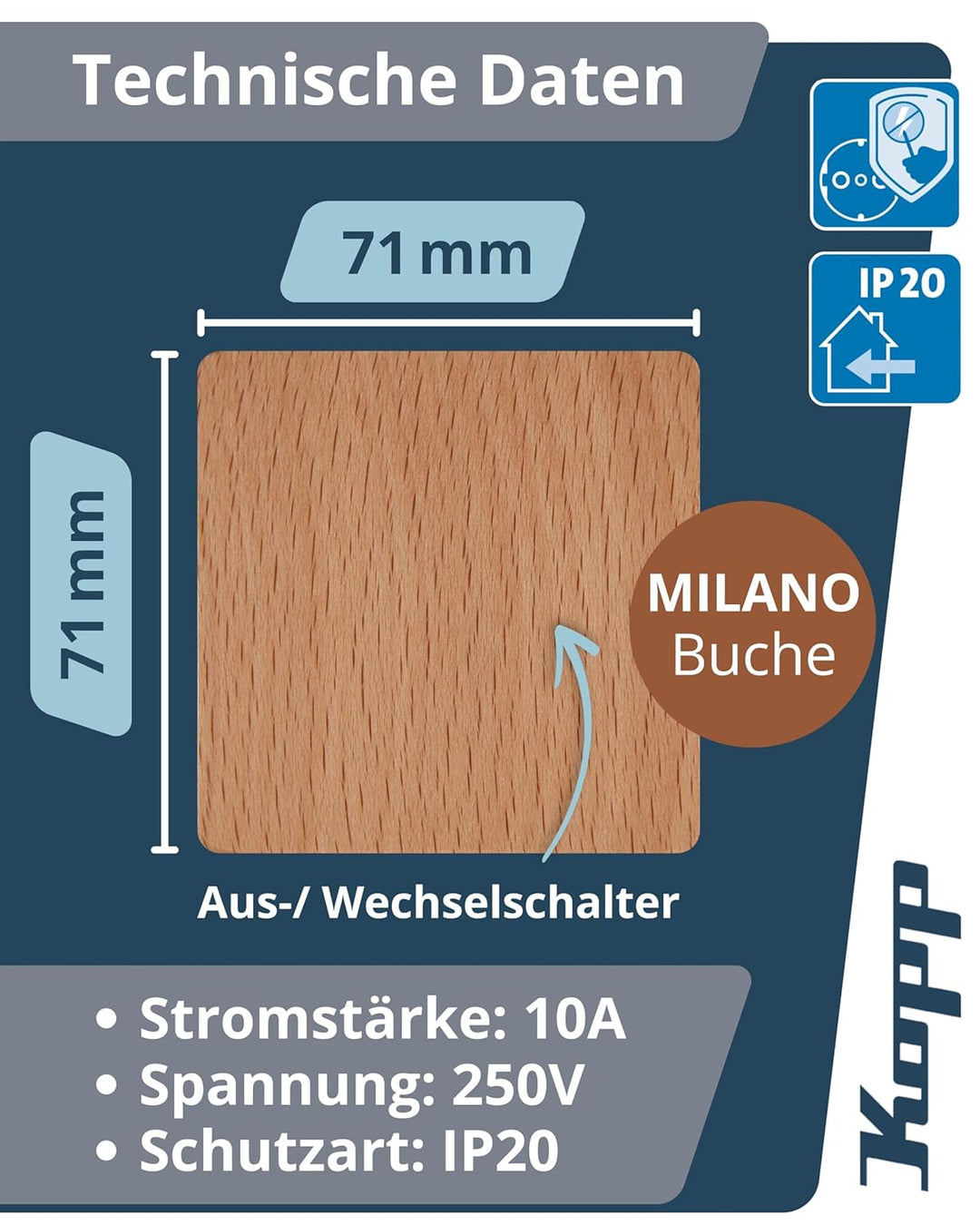Kopp MILANO Universalschalter aus Buchen-Echtholz - Lichtschalter-Unterputz mit 10AX Schaltvermögen