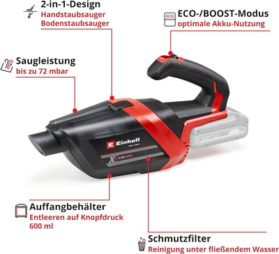 Einhell Akku-Handstaubsauger TE-HV 18/06 Li-Solo Power X-Change (18 V, 72 mbar Saugleistung, inkl. F