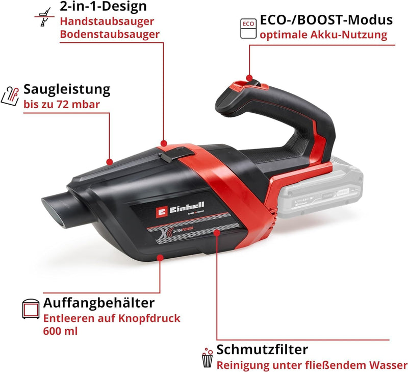 Einhell Akku-Handstaubsauger TE-HV 18/06 Li-Solo Power X-Change (18 V, 72 mbar Saugleistung, inkl. F