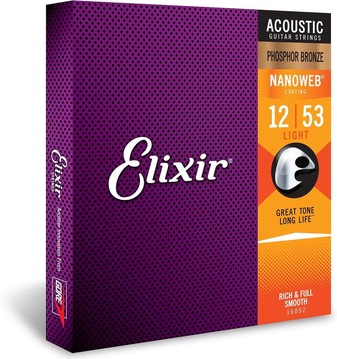Elixir® 16052 Saiten Phosphor Bronze Akustik-Gitarrensaiten mit NANOWEB® Beschichtung, Light (.012-.