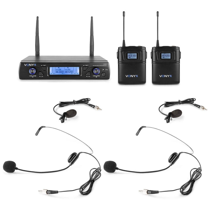 Vonyx WM62 - Mikrofon Set, 2 Drahtlose Mikrofone mit Body Packs Taschensender, Headsetmikrofon und E
