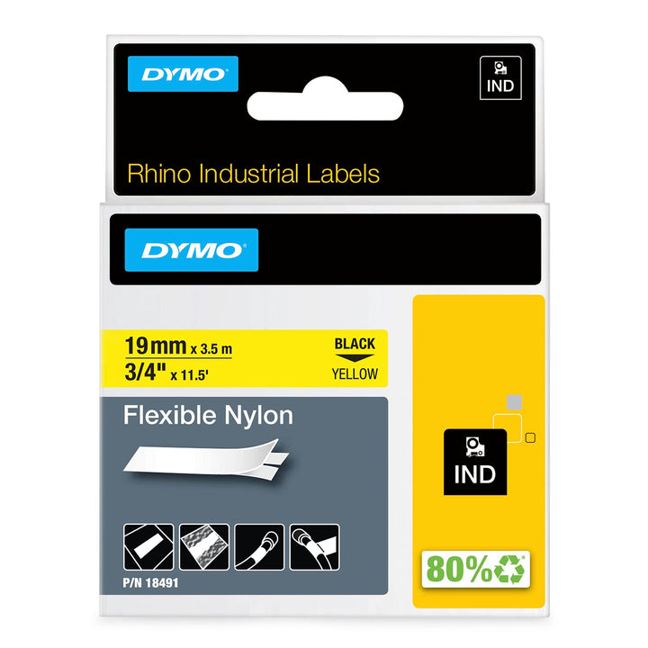 DYMO Rhino Industrie Nylonetiketten | flexibel | 19 mm x 3,5 m | schwarz auf gelb | selbstklebendes