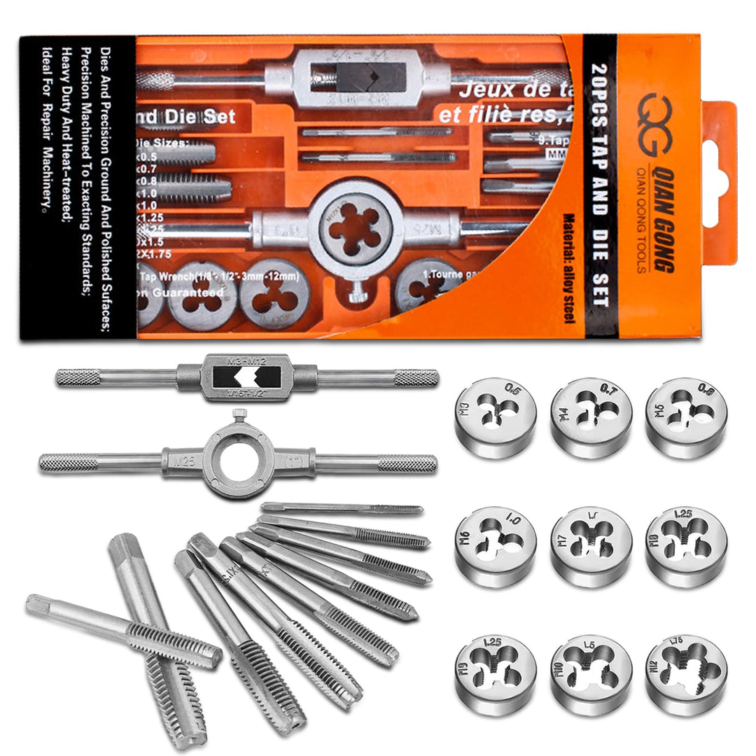 20 Stück Gewindeschneider, Legierter Stahl Gewindeschneidsatz M3-M12 Gewindebohrer Set Tap and Die S