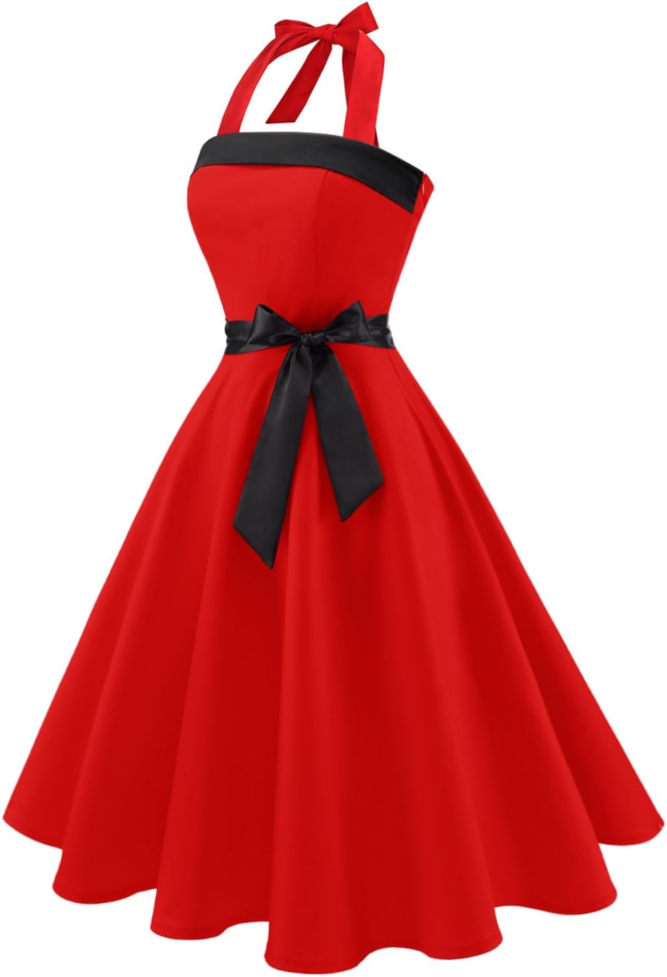 Damen Vintage Cocktailkleid Knielang Neckholder Swing Retro Rockabilly Kleid A-rot XXL, A-rot XXL