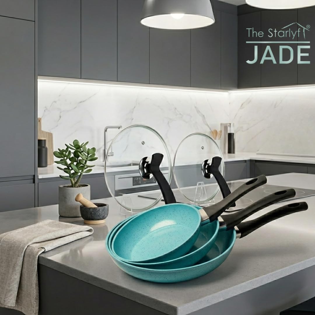 Starlyf Pfannen-Set Jade Pan Set, Aluminium (Starter-Set, 5-tlg., 3 Pfannen, 2 Glasdeckel), Innovati