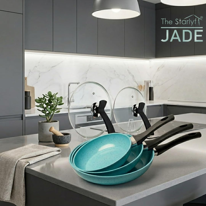 Starlyf Pfannen-Set Jade Pan Set, Aluminium (Starter-Set, 5-tlg., 3 Pfannen, 2 Glasdeckel), Innovati