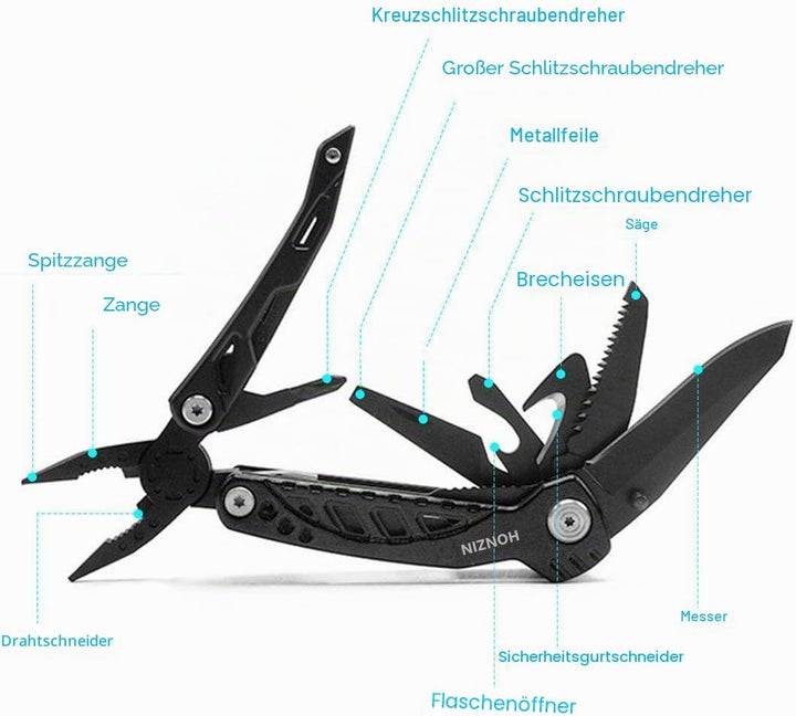 Multi Tool Messerzange Set, 13 in 1 faltbare Zange Edelstahl Multitool mit Nylon-Beutel Ideales Tasc
