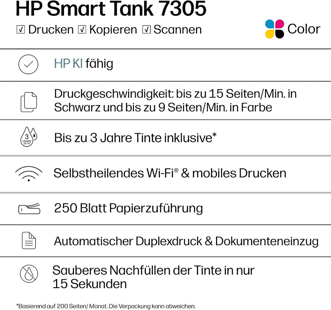 HP Smart Tank 7305 3-in-1 Multifunktionsdrucker, 30€ Cashback, (WLAN; Duplex; ADF) – 3 Jahre Tinte i